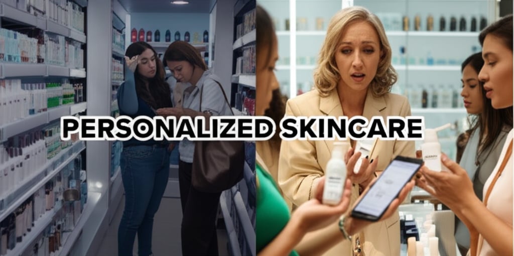 An illustrative image about: A visually striking split image. On the left, a dimly lit, generic beauty aisle filled with identica