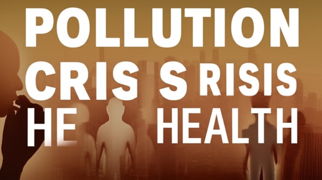 A city skyline shrouded in a dense, hazy, almost invisible smog. The air appears heavy and toxic, with subtle hints of red and brown. In the foreground, ghostly figures representing human cost and a person subtly coughing, illustrating the devastating human cost. Text overlay in large, bold fonts: POLLUTION, CRISIS, HEALTH.
