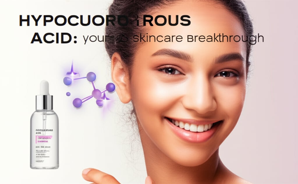 A confident woman with glowing skin is featured with a sleek Hypochlorous Acid skincare bottle and molecular graphic, announcing a 2025 breakthrough.