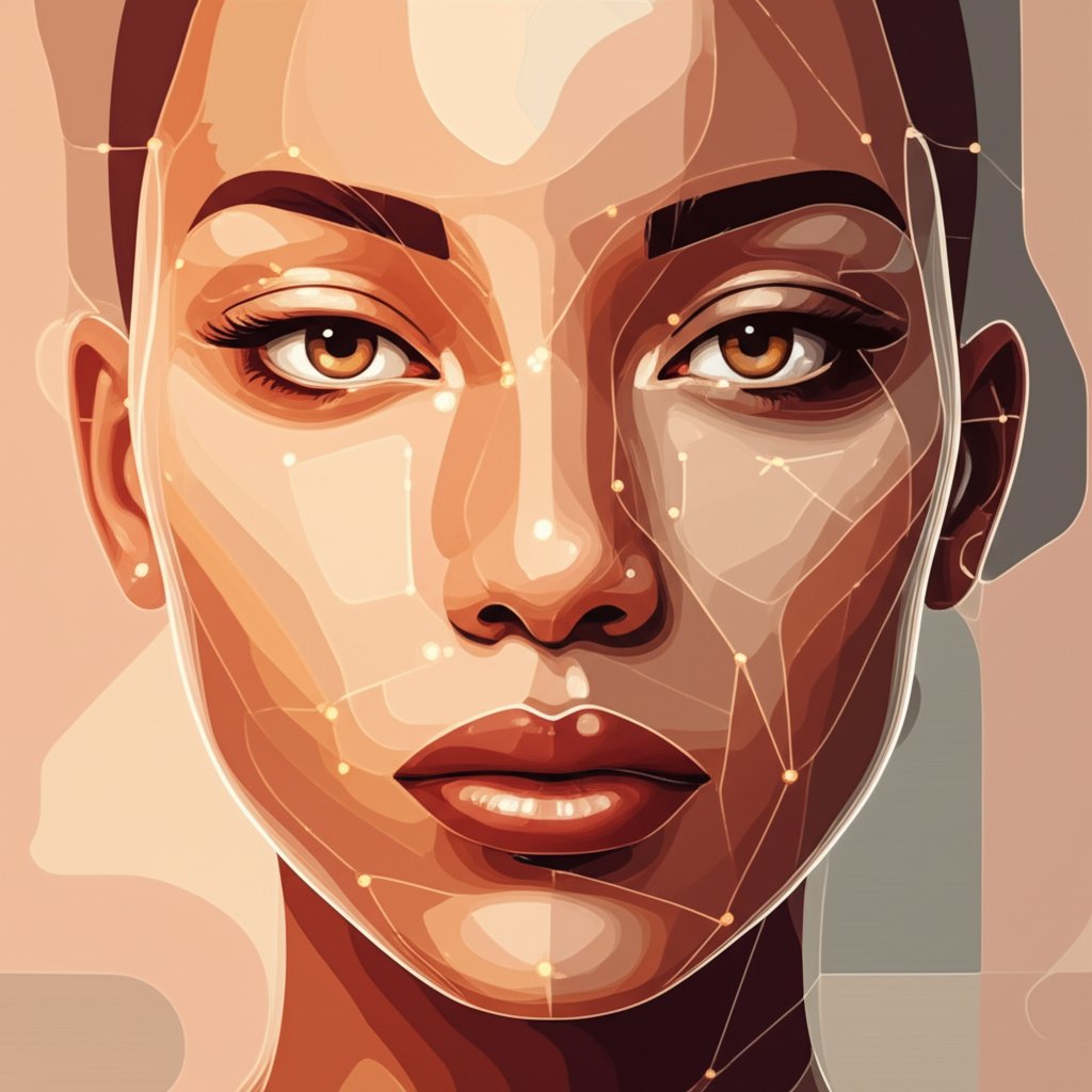 Stylized, abstract face with diverse, blending skin tones and textures, featuring shimmering connecting lines and a soft, gentle light.