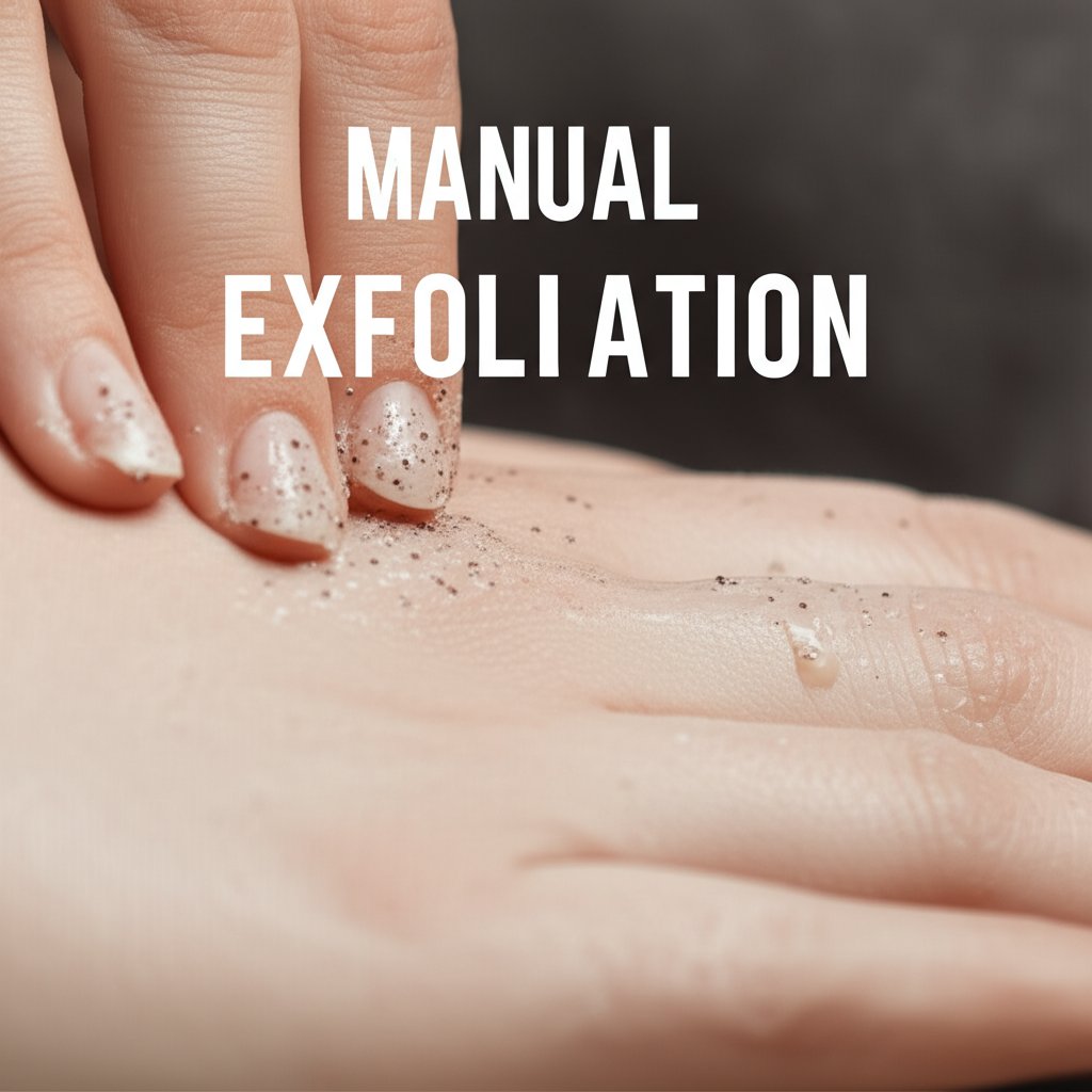 An illustrative image about: A close-up, cinematic shot of a hand gently applying a fine-grained facial scrub to skin, with visib