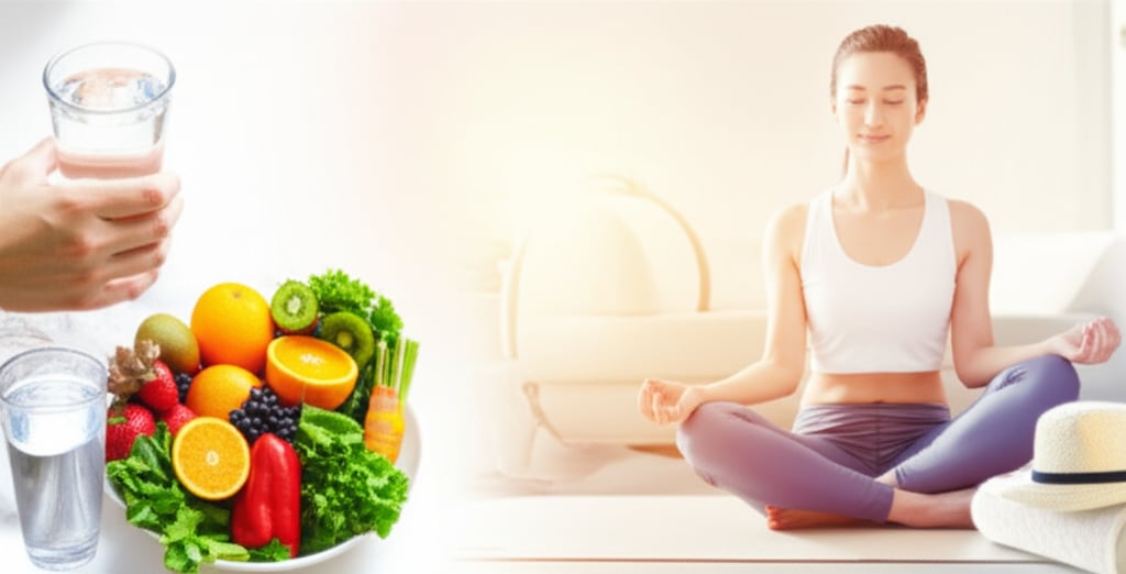 An illustrative image about: A serene, balanced visual showcasing multiple lifestyle pillars for radiant skin. On one side, a han