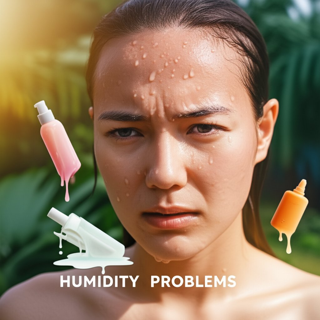 A close-up shot of a person's face in a vibrant, humid tropical setting, beads of sweat on their brow, looking uncomfortable. Their skin shows signs of greasiness and perhaps a clogged pore, emphasizing the struggle. In the blurred background, out-of-focus generic skincare product bottles are symbolically melting or dissolving under the intense humidity and sun. Large, bold text overlay: 'HUMIDITY', 'PROBLEMS'. This image should convey a sense of inadequacy and discomfort.
