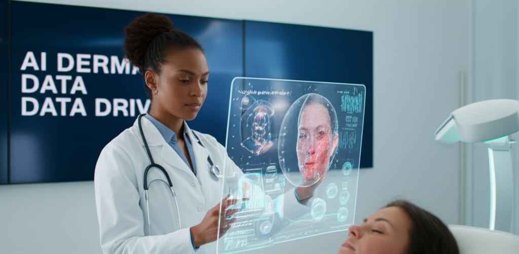 A bright, futuristic dermatology clinic. A diverse female dermatologist is using a transparent holographic interface, analyzing a patient's facial skin. The interface displays glowing data points and an AI diagnostic analysis of rosacea symptoms. In the background, a large digital screen shows 'AI DERMA' and 'DATA DRIVEN' in bold, clean fonts, symbolizing the precision of AI in medical diagnosis. The overall scene is clean, high-tech, and reassuring. Wide shot.