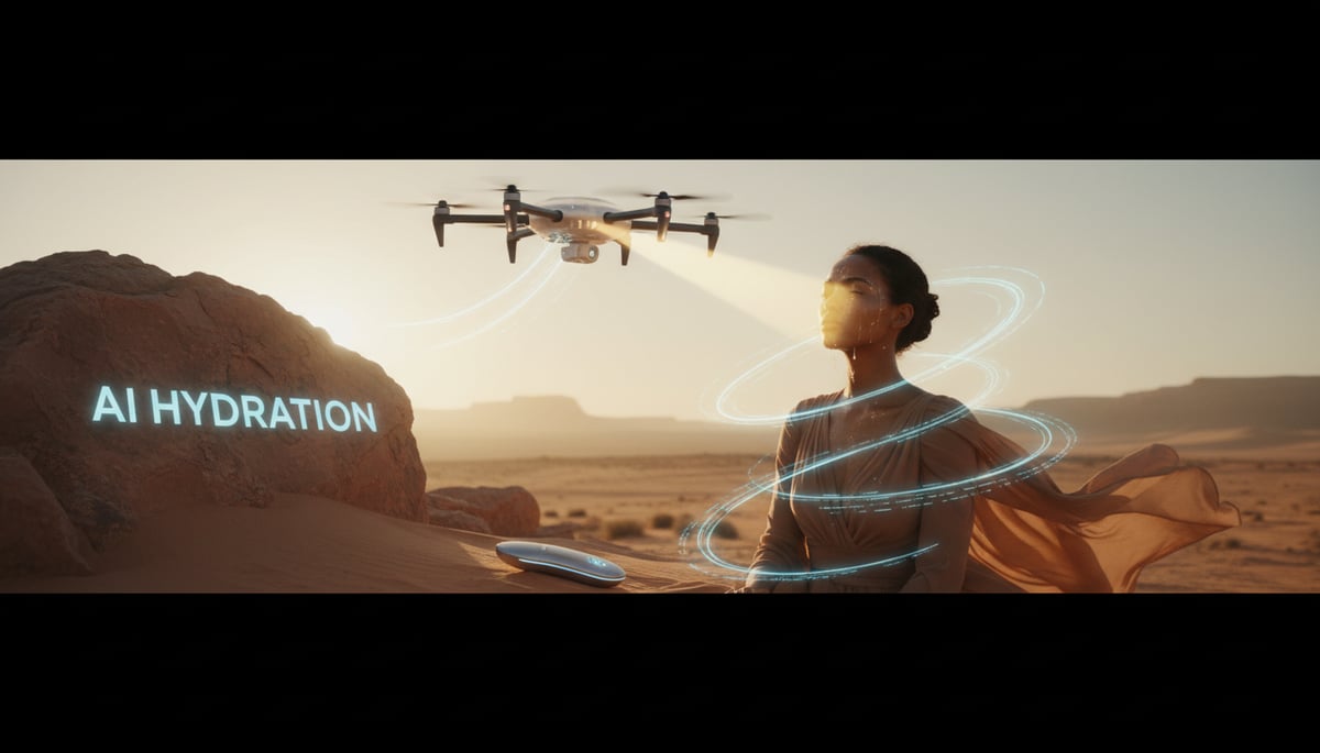 A highly detailed, cinematic wide shot featuring a diverse individual with visibly radiant, dewy skin, exuding ultimate hydration, against the backdrop of a vast, sun-drenched arid desert landscape at golden hour. Overhead, a sophisticated, almost ethereal AI drone hovers, emitting a gentle, focused beam of light towards the individual's face, symbolizing precise hydration delivery. Holographic blue energy lines, representing AI algorithms and data analysis, subtly weave around the skin and the drone. In the foreground, a sleek, futuristic skincare device glows faintly. Large, elegant text embedded within the scene, perhaps projected onto a rock face or as part of a UI, reads: 'AI HYDRATION'. The aesthetic is photorealistic, evoking both advanced technology and natural serenity.