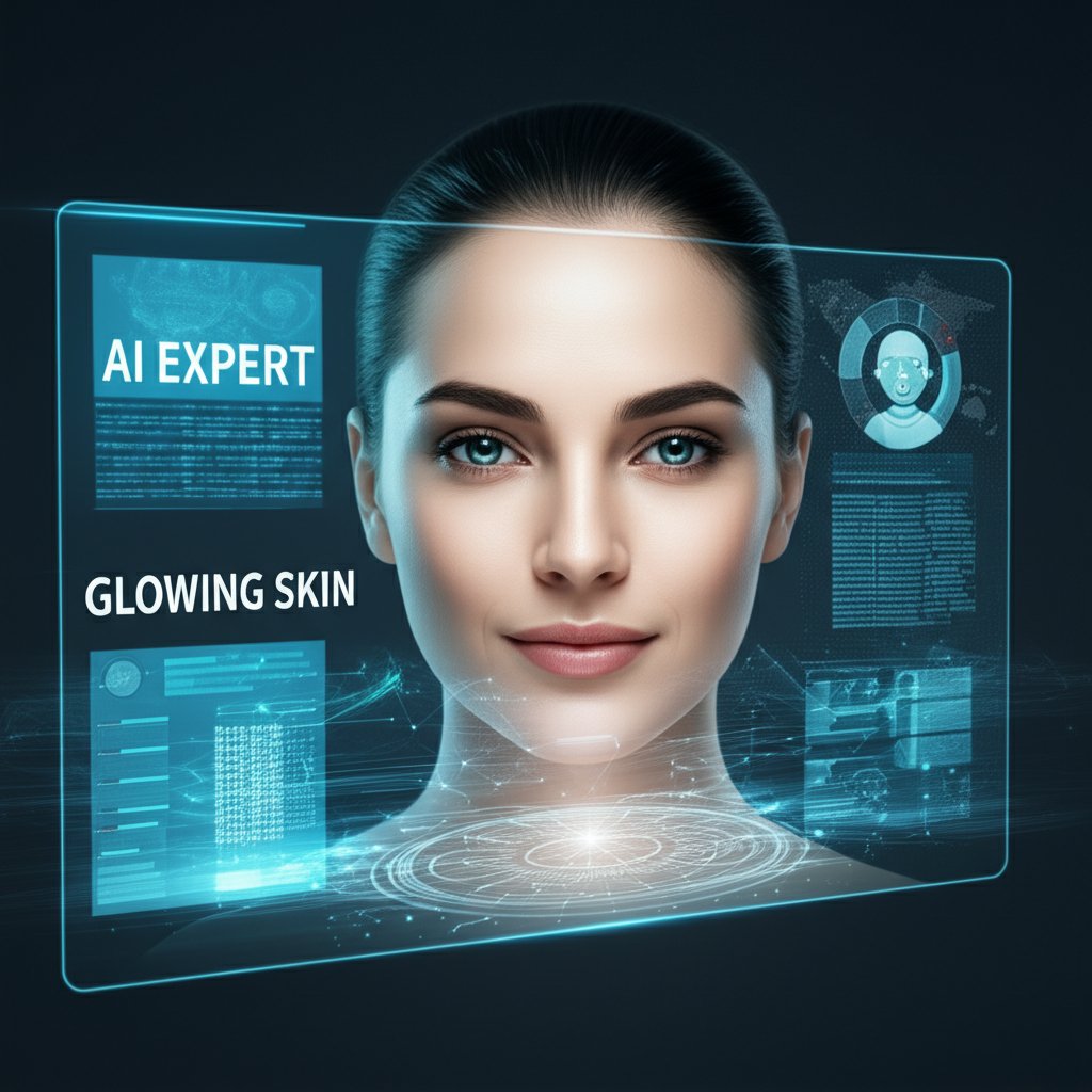 An illustrative image about: A sleek, futuristic AI interface displaying a personalized skincare routine on a transparent digital