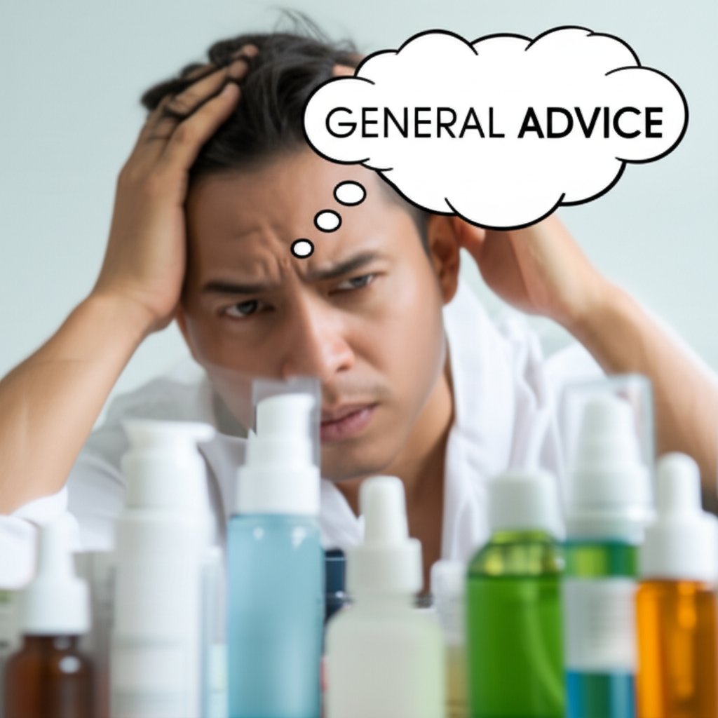 An illustrative image about: A close-up, cinematic shot of a person looking frustrated at an array of generic skincare bottles, w