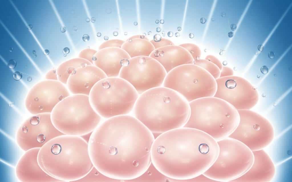 Vibrant image of plump skin cells glowing with infused water molecules, showing hydration's vital role in skin elasticity.