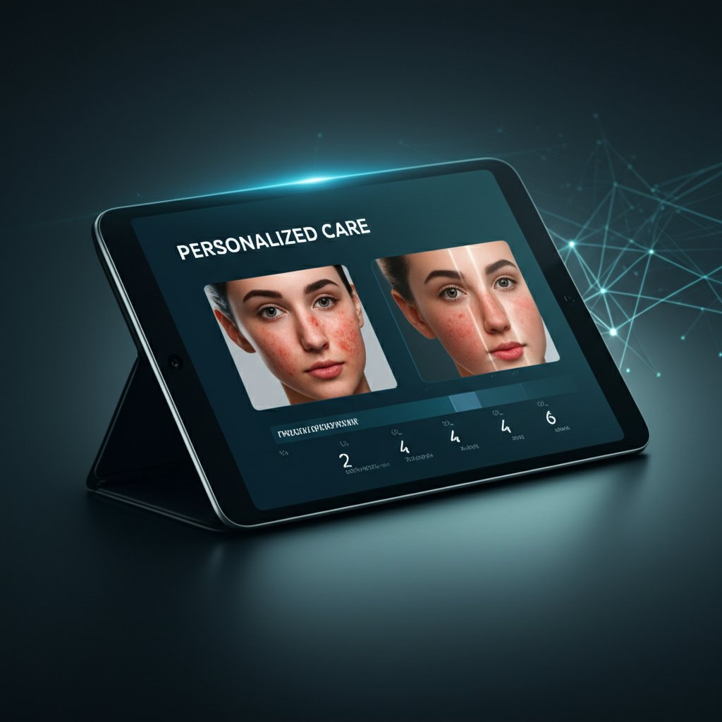 Close-up of a sleek digital tablet displaying a personalized rosacea treatment plan. The screen shows a timeline with a graph indicating projected skin improvement over 2, 4, and 6 weeks, with an overlay of a simulated 'before and after' of facial redness reduction. Key sections highlight 'PERSONALIZED CARE' in a prominent, readable font. A subtle, luminous neural network pattern is visible in the background, hinting at AI at work. Modern, clean aesthetic.