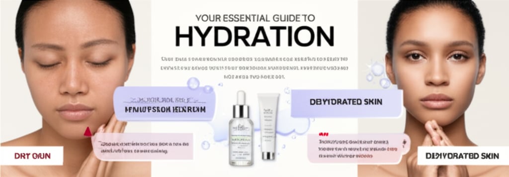 Skincare image with diverse models showing dry/dehydrated skin, centered by 'Essential Guide to Hydration' headline and hydrating products.