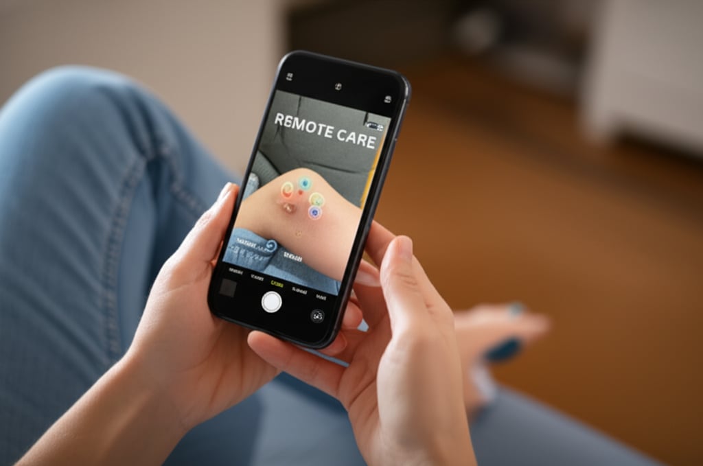 A person at home monitoring a post-surgical wound with an AI-powered smartphone app.