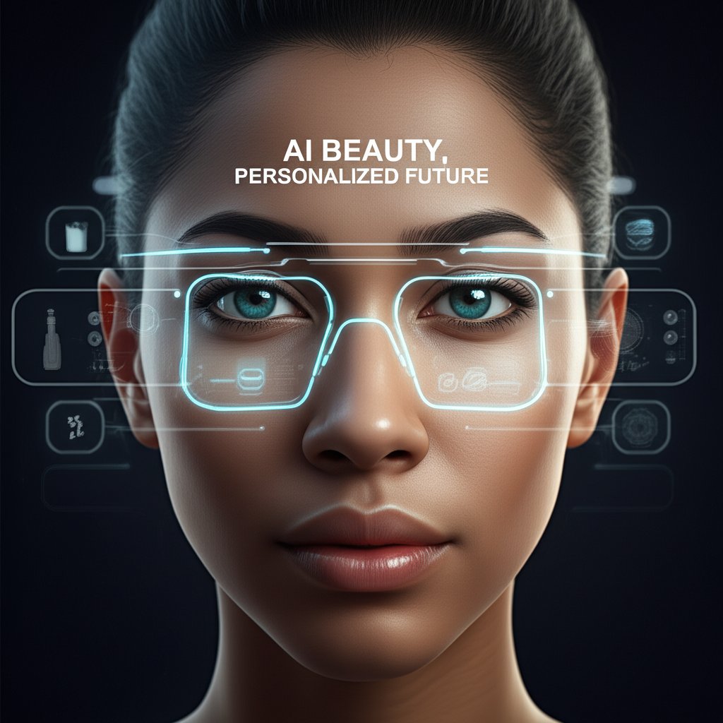 A close-up, balanced composition of a diverse human face, rendered with a soft, natural glow. Sophisticated, subtle augmented reality (AR) interfaces overlay the face, showing personalized skincare recommendations or virtual product try-ons. Ancient symbols or patterns are faintly visible as a subtle undercurrent in the AR display, symbolizing tradition. A clean, futuristic aesthetic. Text in image: "AI BEAUTY, PERSONALIZED FUTURE".