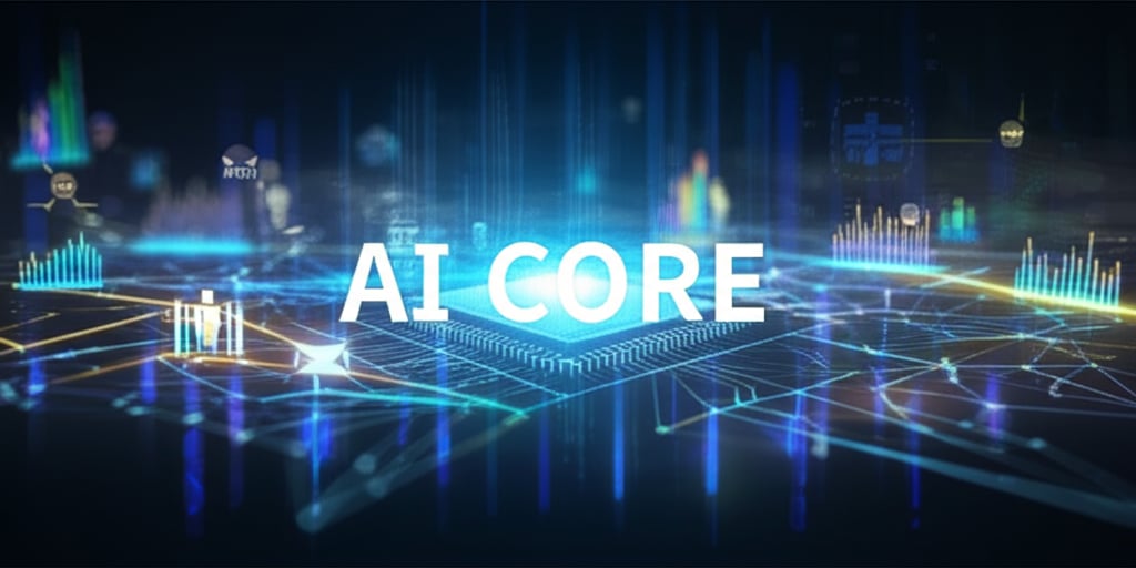 A futuristic, dynamic depiction of artificial intelligence as the central driving force of business transformation. Imagine a glowing, interconnected network of data streams and intelligent systems forming the backbone of a modern enterprise. Visual elements should convey agility, growth, and smart decision-making, with abstract representations of market trends, personalized customer experiences, and optimized supply chains. A bright, optimistic color palette with holographic elements. Text overlay: "AI CORE" in large, modern font.