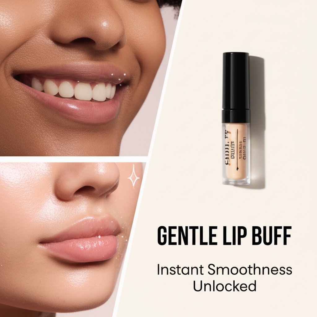 A split-screen image contrasts dry lips with smooth, hydrated lips, featuring the 'Gentle Lip Buff' product and headline text.