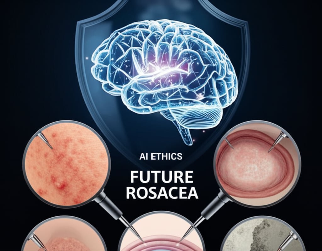 A powerful, symbolic image of a glowing, ethereal AI brain or neural network enclosed within a protective, translucent shield, representing ethical considerations like data privacy and algorithmic bias. Below this, a magnified, artistic depiction of various distinct rosacea subtypes (e.g., papulopustular, erythematotelangiectatic) are being analyzed by microscopic AI probes, emphasizing the frontier of comprehensive diagnosis. Key text 'AI ETHICS' in a central, bold font and 'FUTURE ROSACEA' as a secondary, supportive text. Dark, contemplative background.