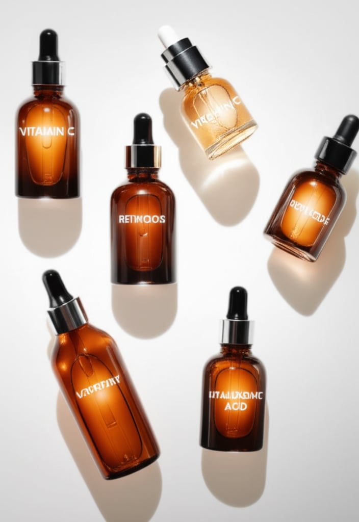 An illustrative image about: An elegant, cinematic flat lay of various glowing skincare bottles and vials on a polished, minimali