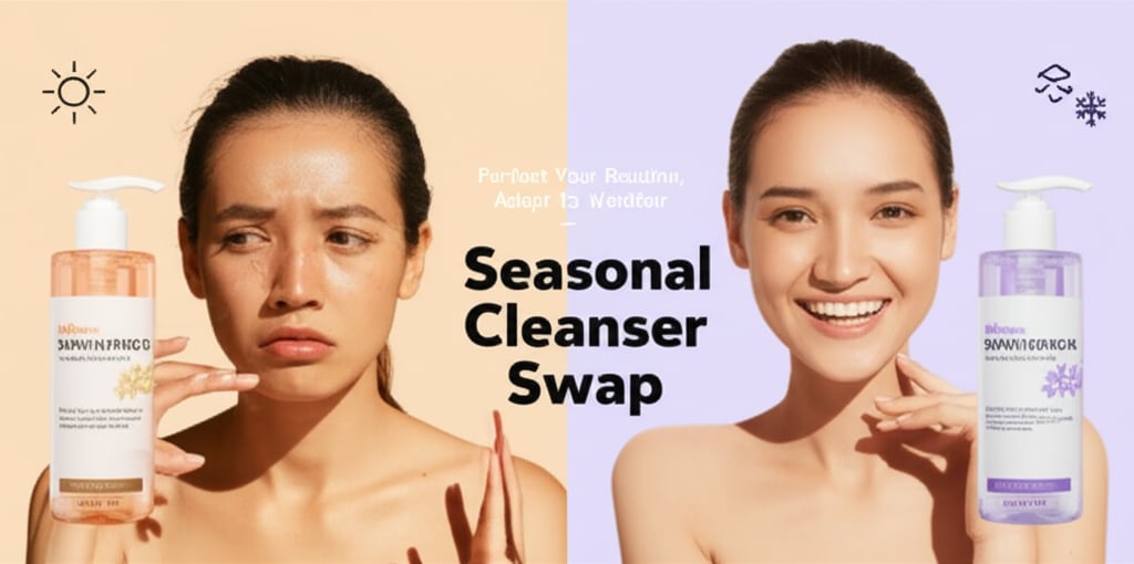 A split-screen image shows a model with troubled skin and a warm cleanser, then happy with balanced skin and a cool cleanser, titled Seasonal Cleanser Swap.