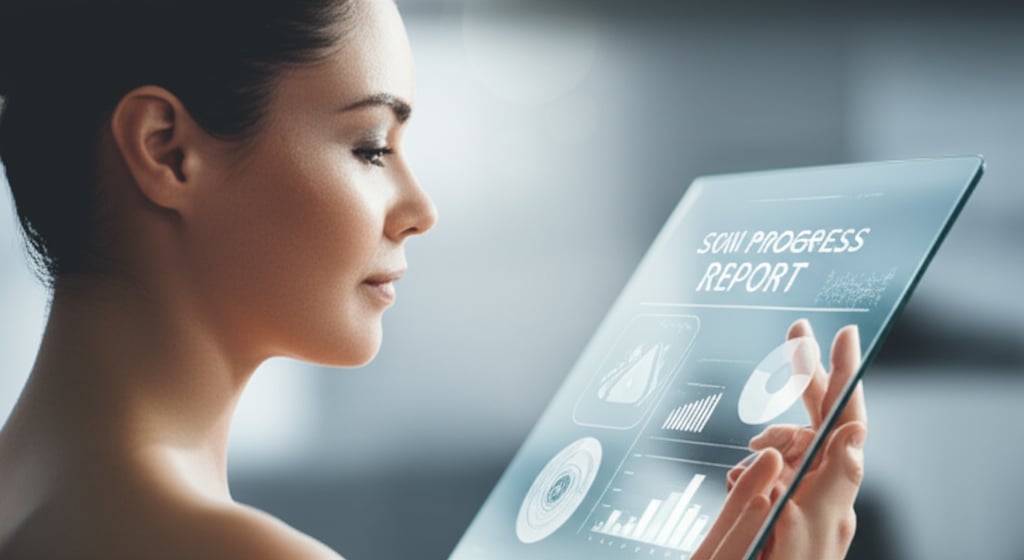 Elegant woman with radiant, glowing skin views a translucent tablet displaying a detailed skin progress report with graphs.
