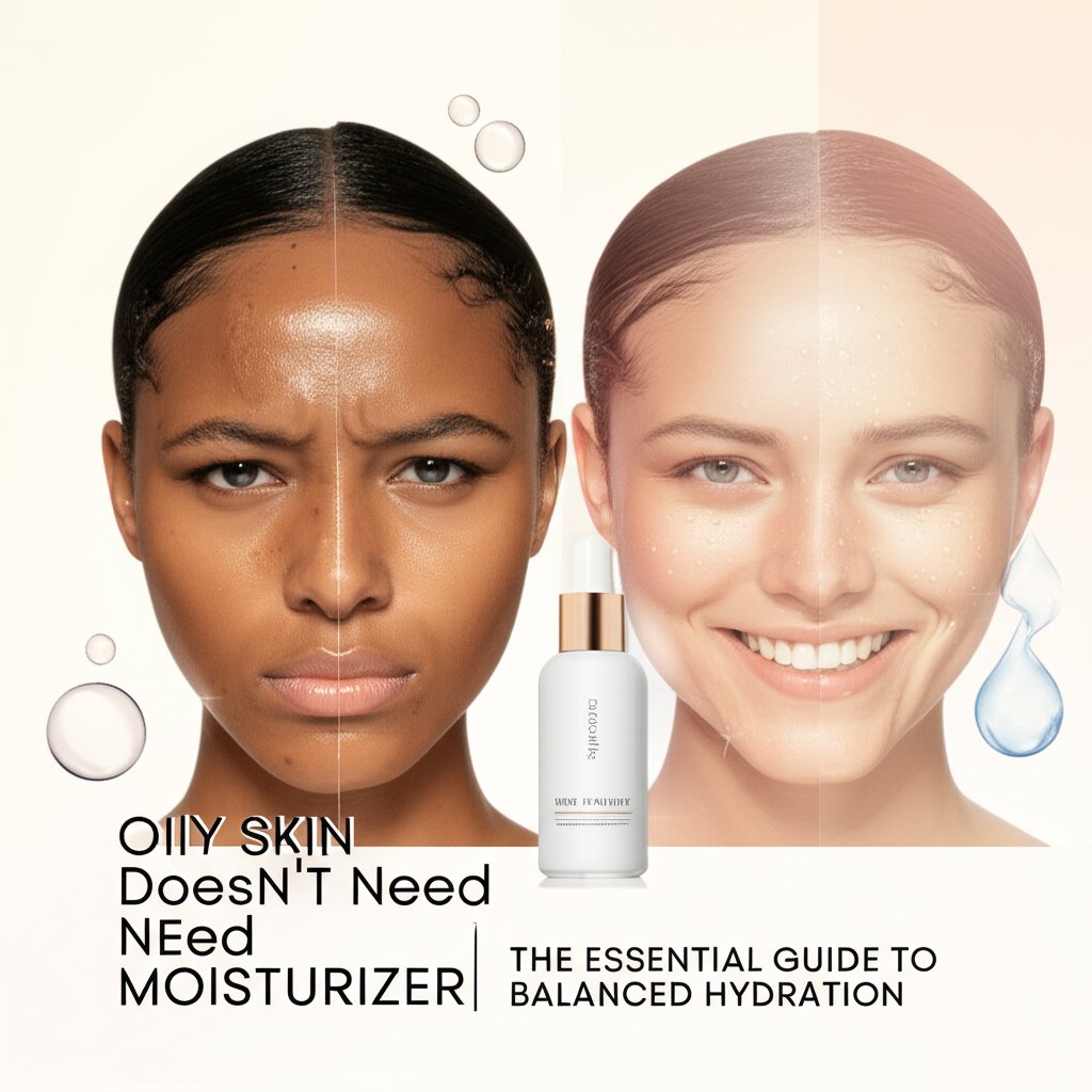 Split-screen image displays a model with oily skin on the left, contrasting her healthy, hydrated skin with a skincare product on the right.