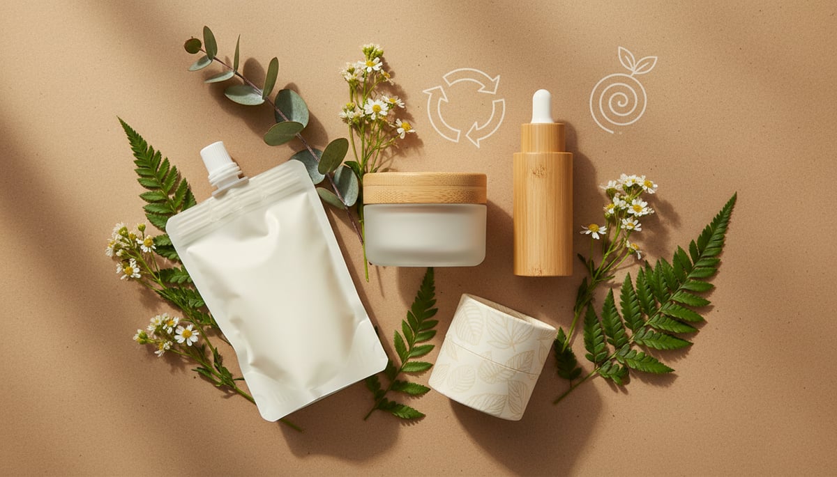 A beautifully composed flat lay of innovative, sustainable skincare packaging materials: a sleek, frosted glass jar with a wooden lid, a bamboo-encased serum bottle, a compostable paper tube for solid products, and a minimalist refill pouch made from plant-based polymers. Lush green leaves and delicate wildflowers are artistically arranged among the products, with subtle, stylized recycling and composting symbols subtly integrated into the background. The scene is illuminated by soft, natural light, highlighting the textures and eco-conscious design against a clean, earth-toned surface.