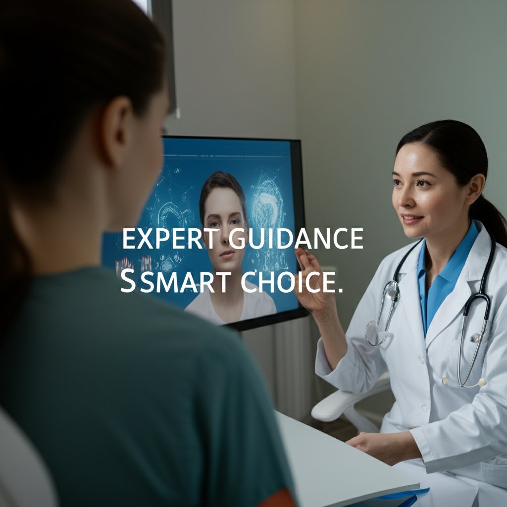 A professional medical aesthetician or dermatologist in a modern, clean clinic consults with a patient, gesturing towards a screen displaying a subtle visual of advanced AI skin analysis. The focus is on trust, expertise, and a personalized approach. Text in image: EXPERT GUIDANCE SMART CHOICE. Style: professional, reassuring, high-tech accents.