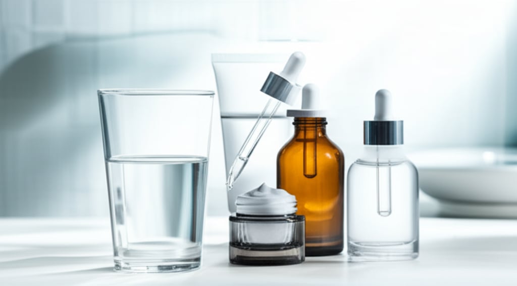 A clear glass of water, skincare products, and glowing face connected by light rays symbolize internal hydration for beauty.
