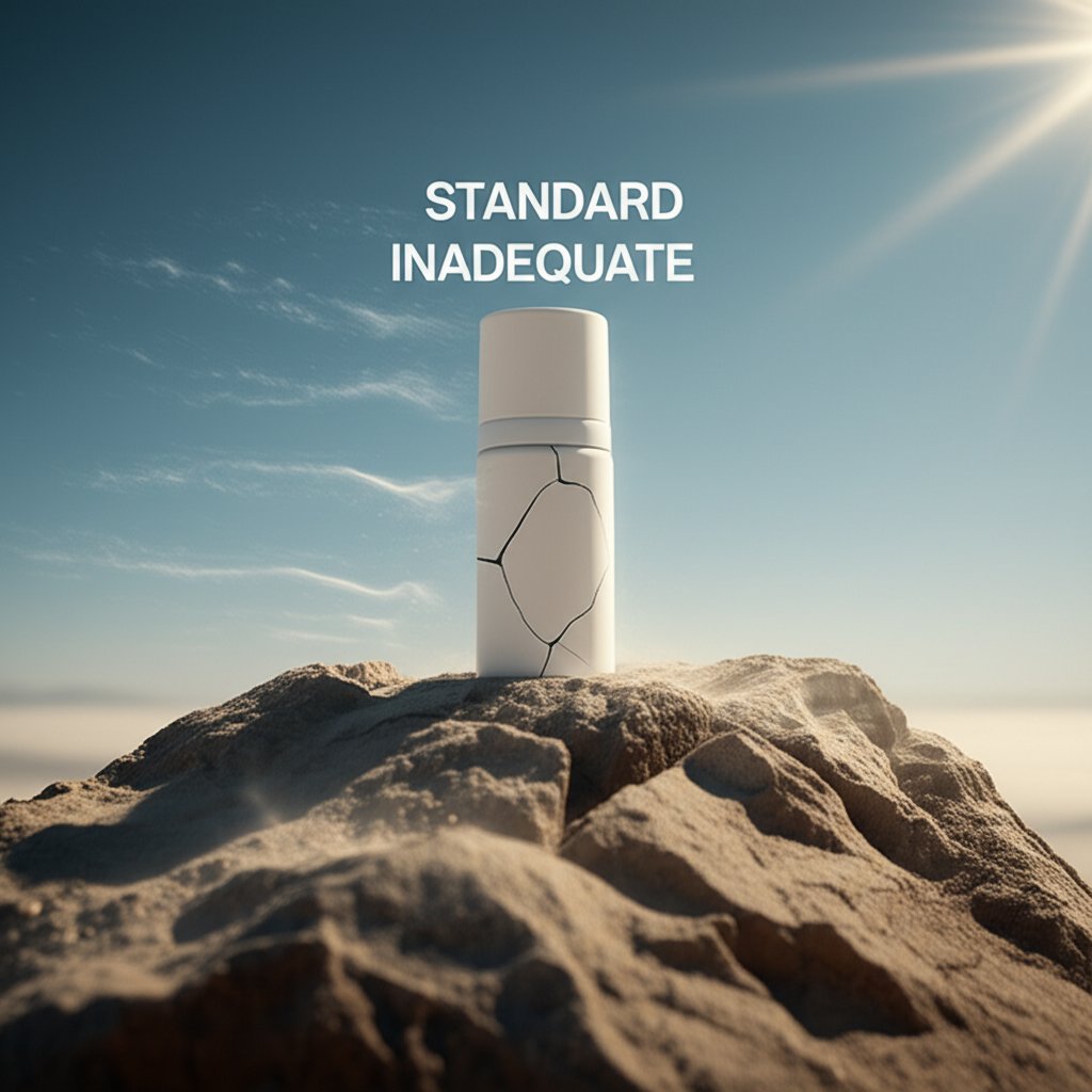A sleek, generic skincare bottle standing isolated on a rugged, windswept mountain peak, looking overwhelmed and ineffective. The bottle's label is cracked slightly, symbolizing inadequacy. Dynamic weather elements like swirling dry air and intense sunbeams are visible around it. Text overlay: "STANDARD" and "INADEQUATE" in bold, stark fonts, conveying the routine's limitations.