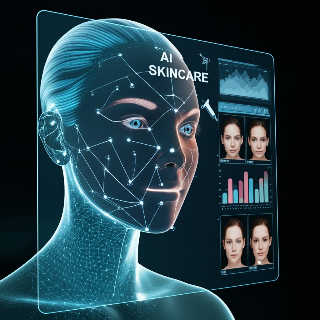 A futuristic, clean aesthetic showing a detailed 3D rendering of a human face on a transparent screen or holographic display, being actively analyzed by AI. Glowing lines and data points trace skin features, highlighting areas for treatment (like IPL or microneedling, represented by subtle glowing tool icons nearby). A side panel displays "before" and "after" skin comparison graphs or images. Overlaid text in a sleek, modern font: "AI SKINCARE" and "PROGRESS". The atmosphere is advanced, precise, and empowering.