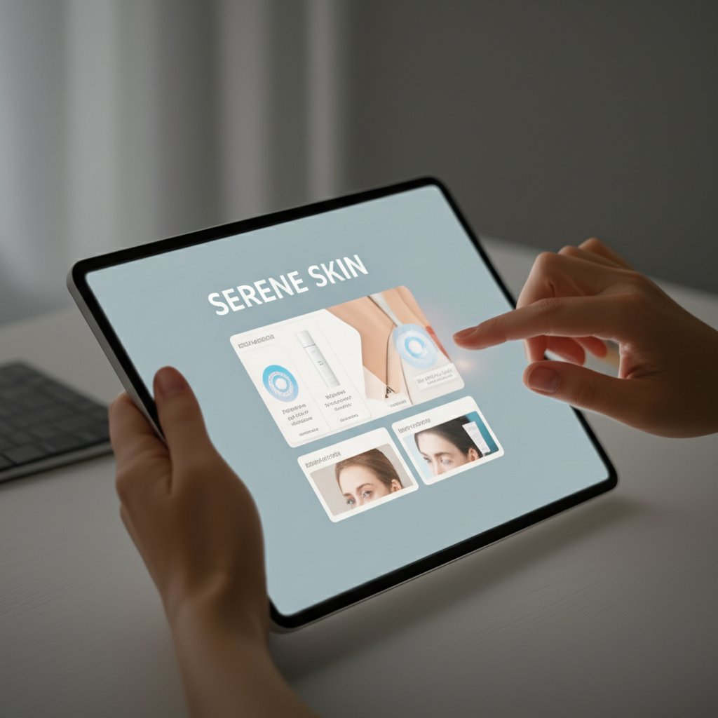An illustrative image about: Close-up of a digital tablet showcasing a "SERENE SKIN" app interface with a visual representation o