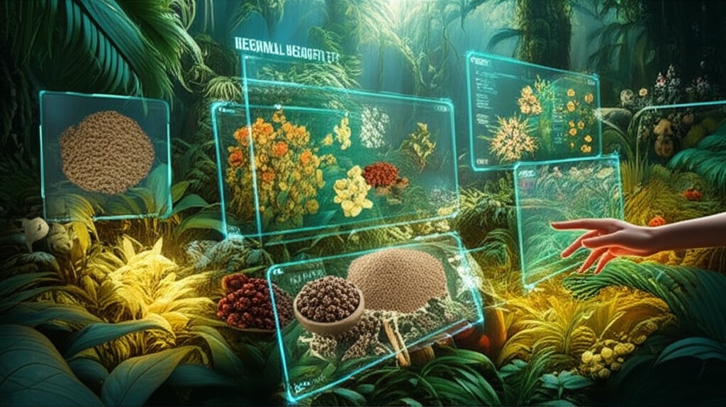 A vibrant, panoramic scene depicting ancient botanical gardens or a lush jungle, with various traditional medicinal plants (e.g., ashwagandha, açaí, quinoa) subtly glowing. Overlayed are futuristic, transparent digital elements, like data streams or holographic displays, scanning and analyzing the plants. A gentle hand reaches out to connect ancient wisdom with modern technology. Text in image: "REGIONAL BEAUTY, AI DISCOVERY".