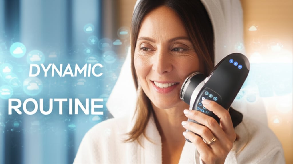 A realistic, warm-lit image of a woman in her 40s comfortably using a sleek, modern (not futuristic) at-home skincare device, such as an LED mask or a handheld microcurrent tool. In the background, there are subtle, abstract visual elements representing a data stream or changing environmental conditions (e.g., soft icons for sun, clouds, or a gentle graph), symbolizing a "dynamic routine" that adapts. Text on image: "DYNAMIC ROUTINE"
