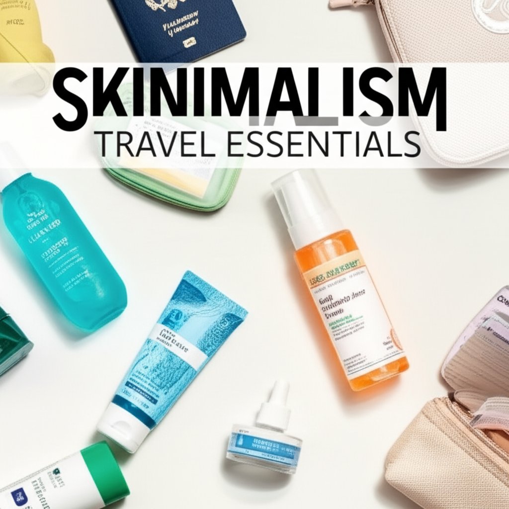 An illustrative image about: A clean, modern flat lay of minimalist, travel-sized skincare products, including a mild cleanser, h