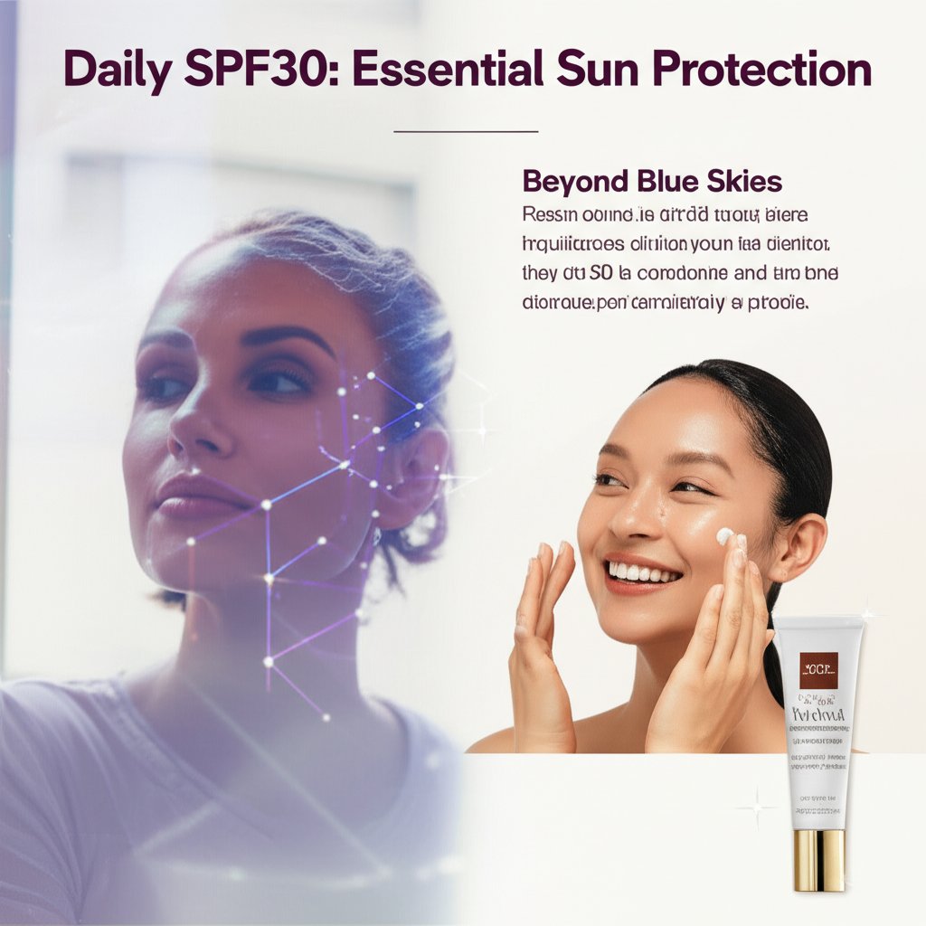 A split-screen image shows a woman with UV lines contrasting a smiling woman applying SPF30 near an elegant product bottle.