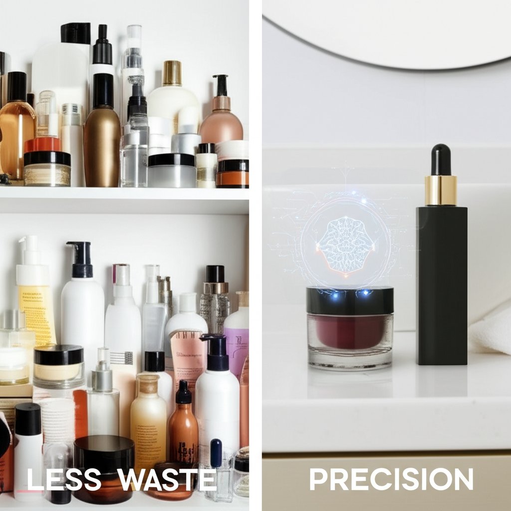 A minimalistic vanity with a single beauty product, representing precision, contrasted with a cluttered cabinet, representing waste.