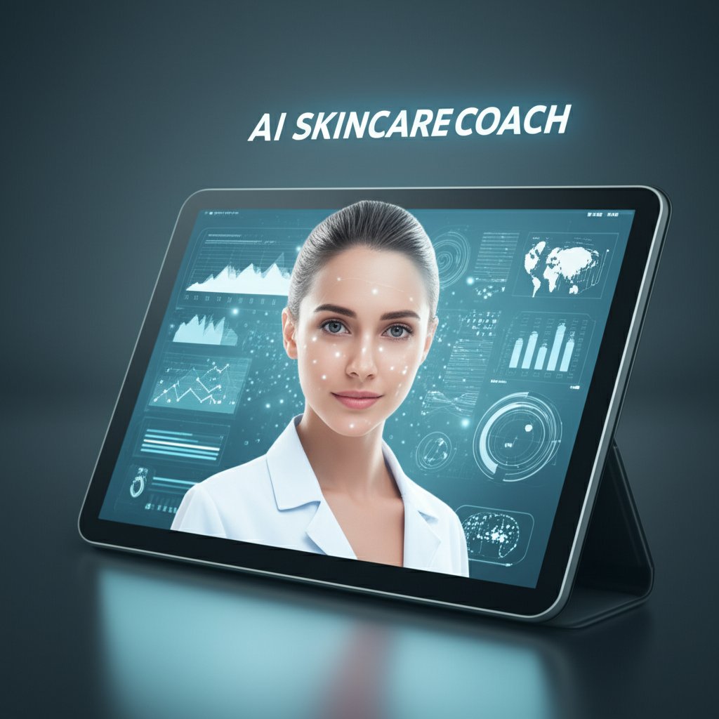 An illustrative image about: A sleek, futuristic skincare interface displayed on a tablet or smartphone, featuring an AI cosmetol