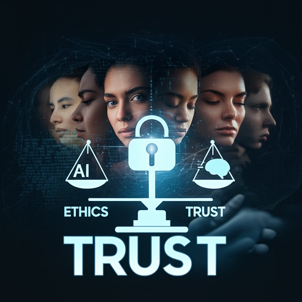 A symbolic image representing the ethical considerations of AI in skincare. It features a diverse group of human faces integrated with subtle digital patterns, encircled by a glowing data privacy lock icon. A scale or balance graphic is present, with one side showing AI code and the other showing a human hand or brain silhouette. Large, impactful text: "ETHICS", "TRUST". The mood is responsible and thoughtful.