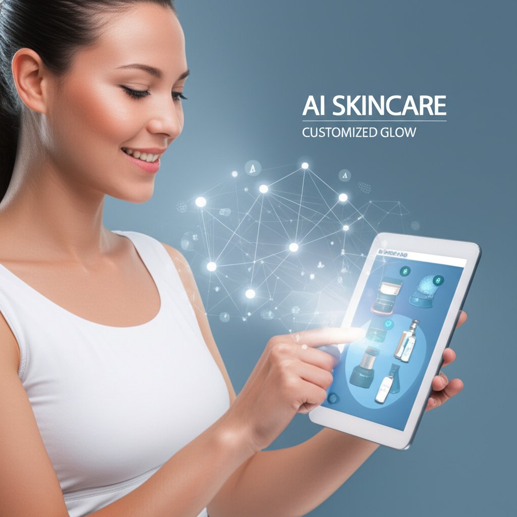 An illustrative image about: A person with healthy, radiant skin interacting with a glowing, futuristic tablet or smartphone. The