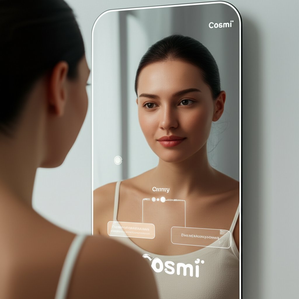 An illustrative image about: A confident, radiant woman with clear, luminous skin, looking at her reflection in a sleek, minimali