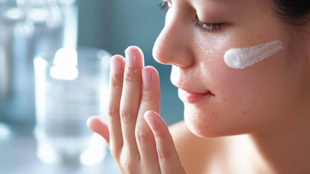 A close-up of a woman with dewy, radiant skin applying skincare, with a glowing glass of water in the background.