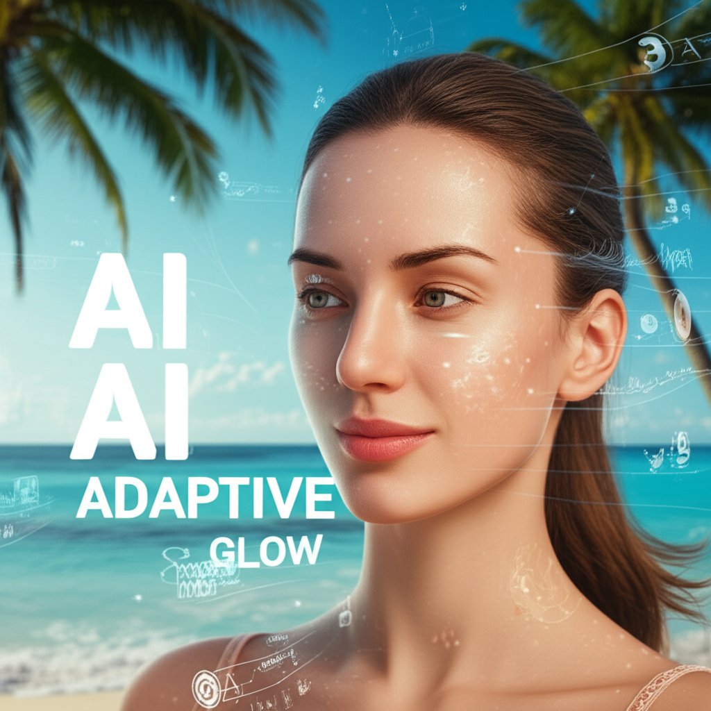 A vibrant, optimistic image featuring a person with clear, healthy, glowing skin, confidently standing in a sun-drenched tropical paradise. Digital, subtle AI-interface elements and flowing data streams are gracefully integrated around them, symbolizing personalized analysis and protection. The overall mood is fresh, innovative, and thriving. Large, bold text overlay: 'AI ADAPTIVE', 'TROPICAL GLOW'.
