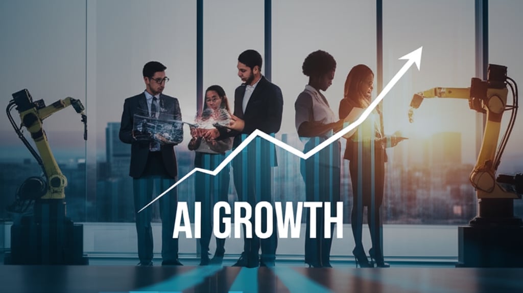 A vibrant and forward-looking scene depicting a clear path or roadmap for businesses integrating AI. Show diverse individuals working collaboratively with intelligent systems, possibly represented by glowing data interfaces or robotic arms, in a clean, modern environment. Emphasize sustainable growth, innovation, and human-AI partnership. The background could feature a subtle upward trend graph or a rising sun. Text overlay: "AI GROWTH" in a bold, empowering font.