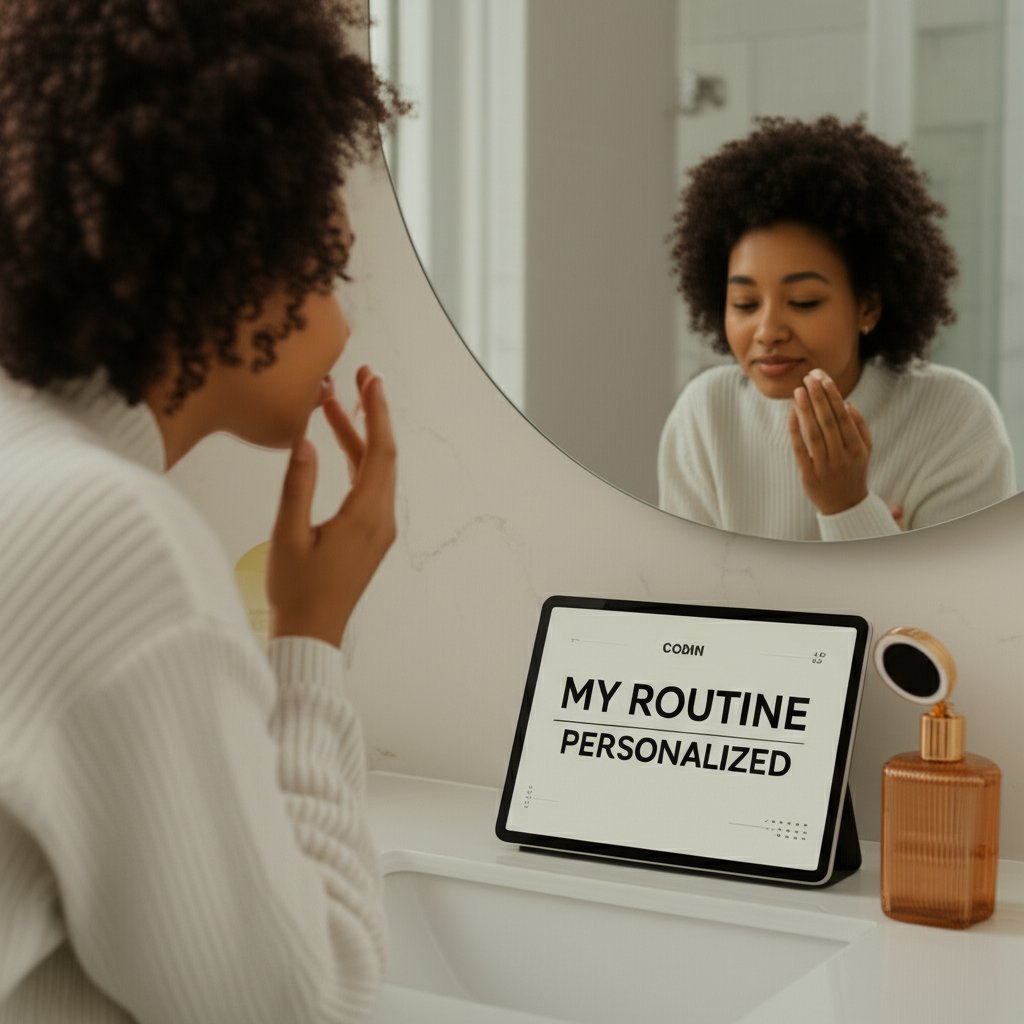 An illustrative image about: A serene, well-lit image of a diverse person gently applying a skincare product, reflected in a slee