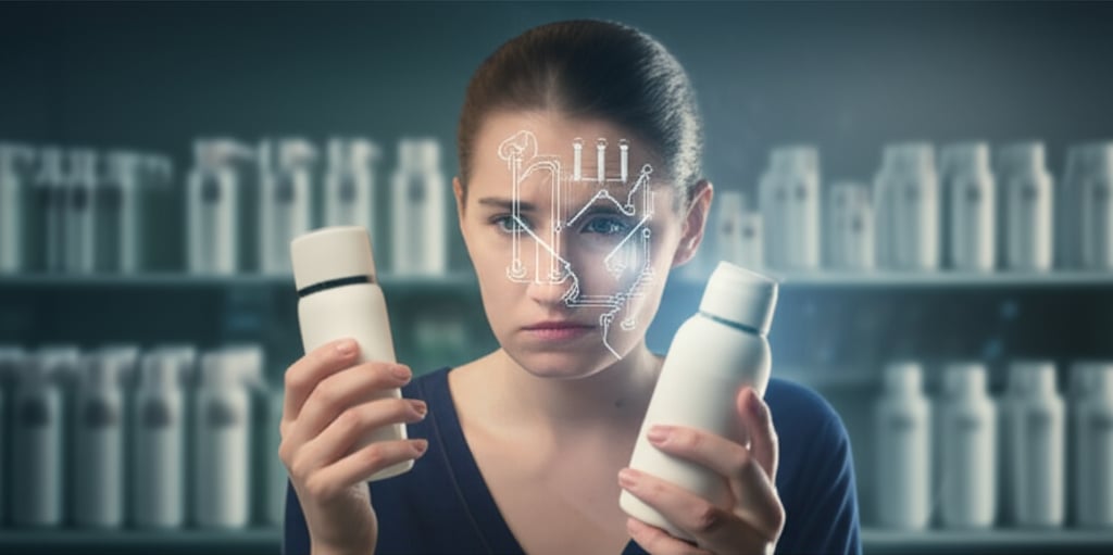 An illustrative image about: A woman with a frustrated expression, holding an ineffective generic skincare product. In the backgr