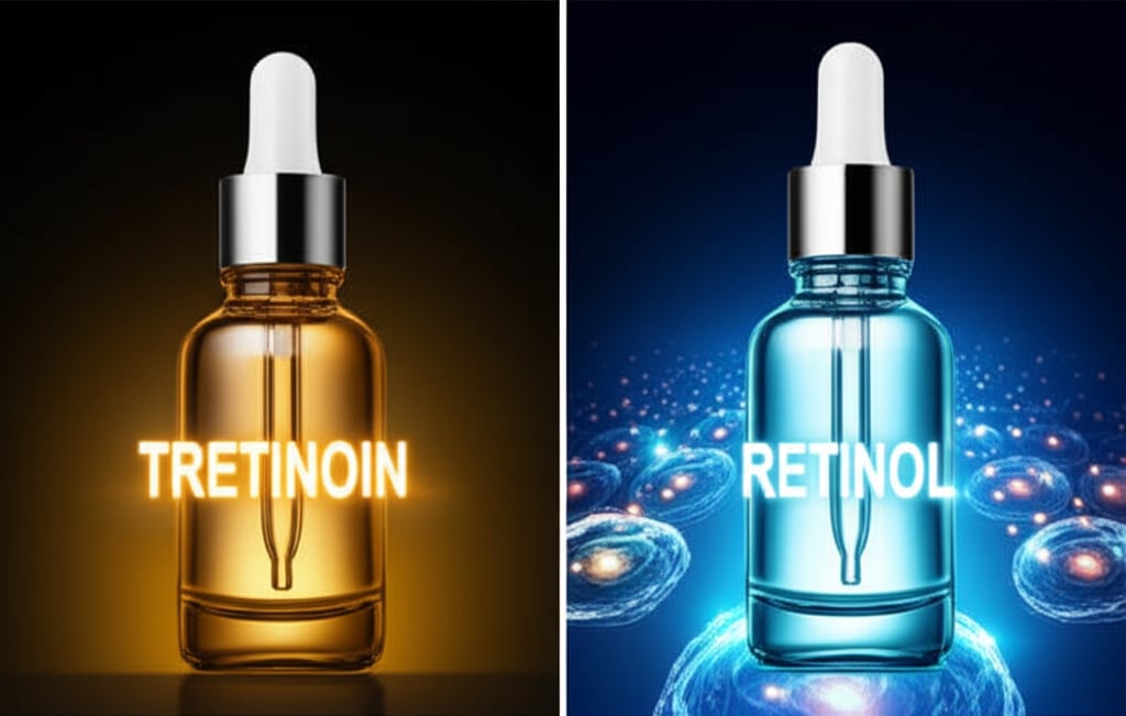 An illustrative image about: A vivid, side-by-side comparison of two elegant glass serum bottles. One bottle, labeled "TRETINOIN"