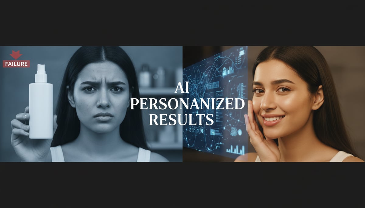 A striking conceptual image illustrating the contrast between generic skincare and AI personalized solutions. On the left side, a diverse individual (e.g., a person with visibly frustrated expression) holds up a generic, identical bottle of cream, their skin looking dull and unimproved under cool, dim lighting. The background is muted and uninspired. A subtle graphical element indicates 'FAILURE'. On the right side, the same individual, now with radiant, glowing skin and a confident, happy expression, is gently touching their face. Behind them, a futuristic, holographic interface with abstract data patterns and flowing lines symbolizes AI analysis and personalization. The lighting is warm, bright, and flattering. Prominently displayed in the center of the image, in large, bold, sophisticated font, are the words: "AI PERSONALIZED RESULTS".