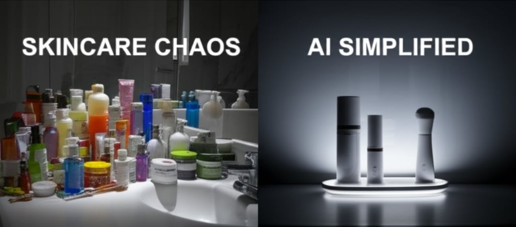 An illustrative image about: A visually striking contrast: On one side, a chaotic, cluttered bathroom vanity overflowing with cou