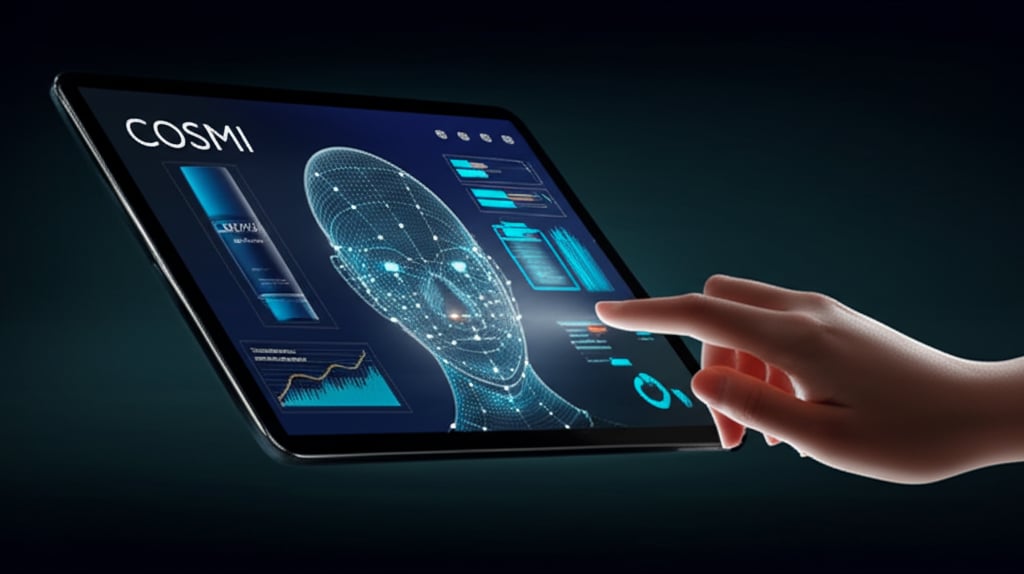 An illustrative image about: A sleek, futuristic tablet or smartphone screen displaying the **COSMI** app interface. The screen s