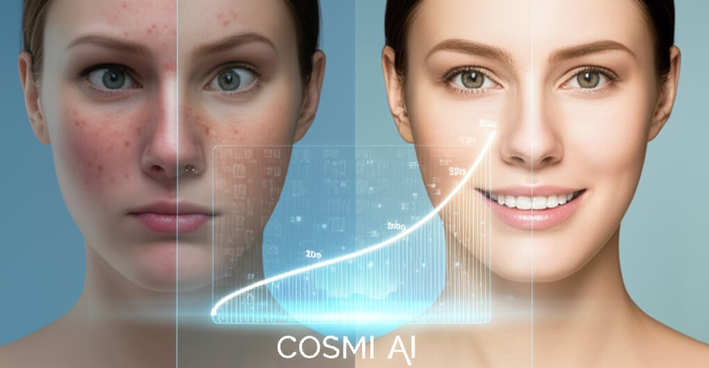 An illustrative image about: A cinematic split image showing a woman's face. On the left, her skin shows mild facial redness and 