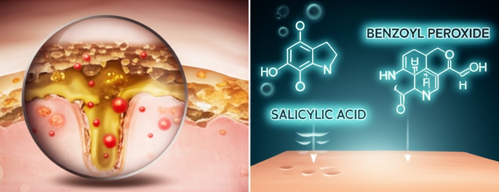 An illustrative image about: A visually striking split image. On the left, a magnified, artistic rendering of skin pores with exc