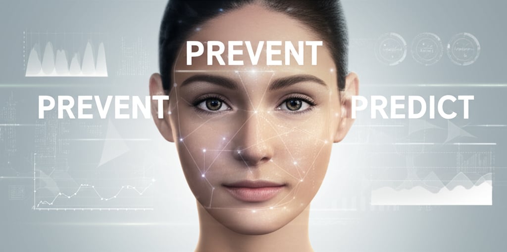 A clean, minimalist image representing a human face, with subtle, glowing data points or lines emanating from beneath the skin, suggesting early detection of issues. Overlayed subtly are clear, easy-to-understand graphs or analytical interfaces, leading to the visualization of clear, healthy skin. The overall feeling is one of advanced, gentle protection and foresight. Text on image: "PREVENT", "PREDICT" in large, clear fonts. Avoid any futuristic elements; keep it grounded and natural.